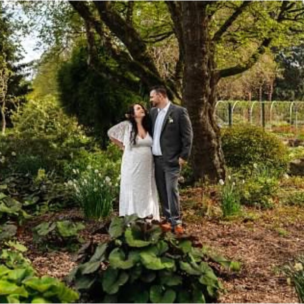 White Flutter Sleeve V-Neck Bridal Gown - Picture 2 of 7